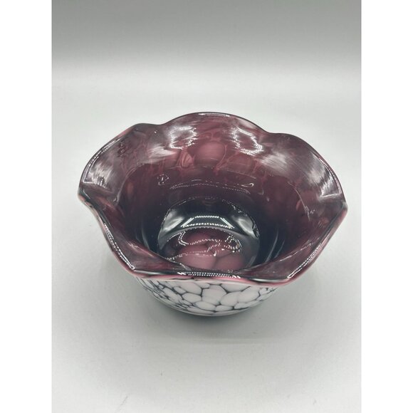 Art Glass Ruffled Edge Bowl Purple White Handmade Candle Holder Trinket Dish - Picture 3 of 10